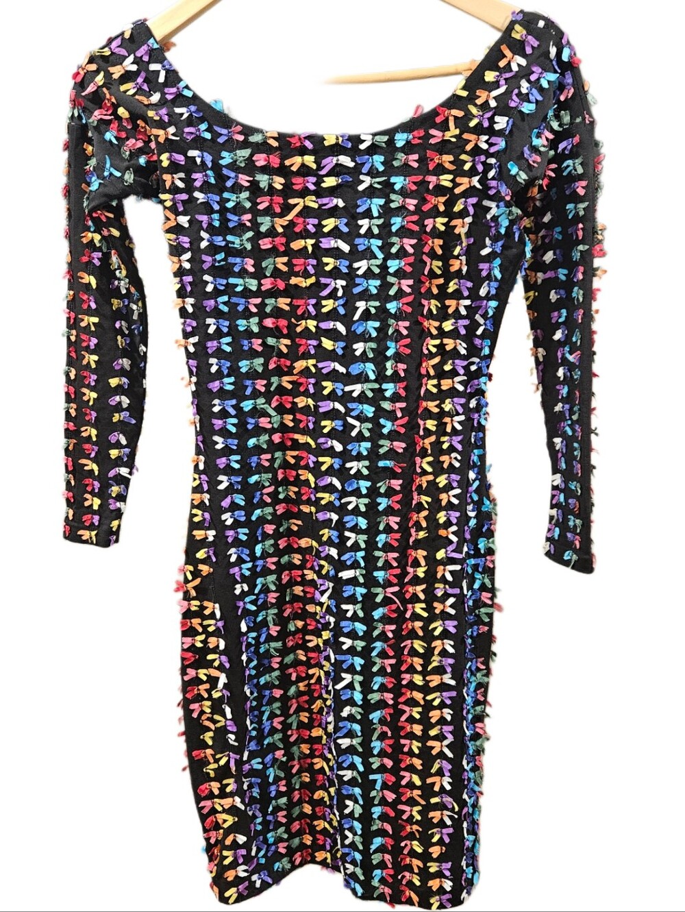 VTG Betsey Johnson Punk Label Rainbow Ribbon Bow Bodycon Mini Dress Cotton Lycra - Picture 4 of 12